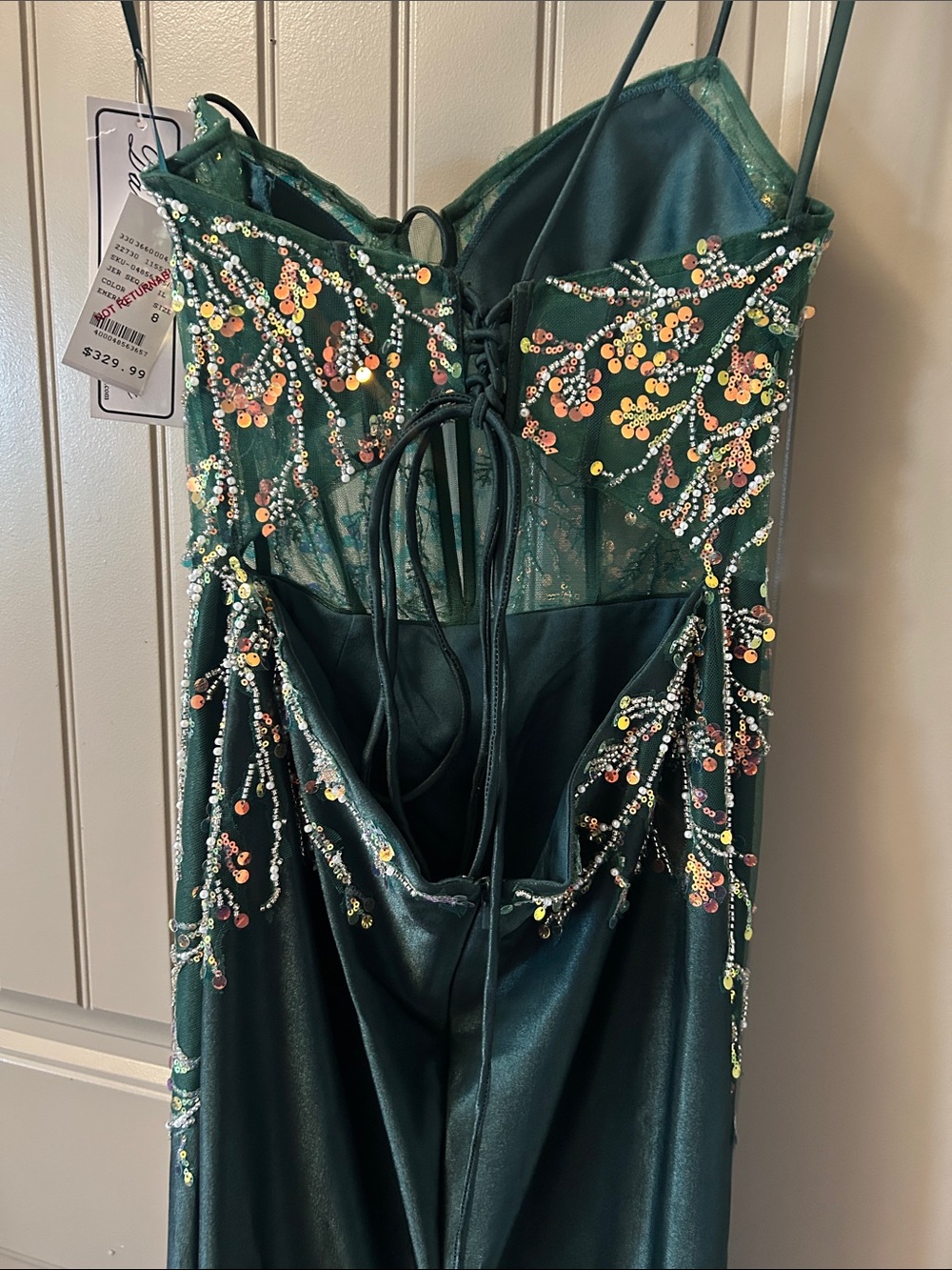 Jovani Emerald Green Spaghetti Strap Gown with Pink and Gold Floral Appliqué - Picture 3 of 4